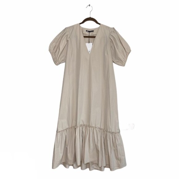 Zara Cream Long Sleeve Dress with Puff Sleeves - Picture 1 of 4